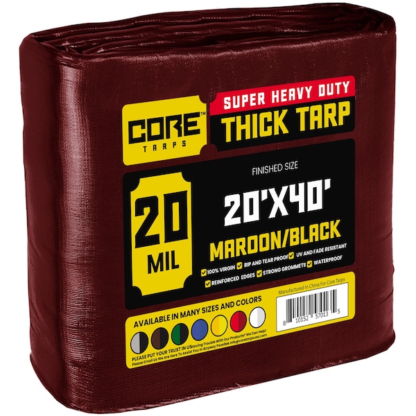 Core Tarps Heavy Duty Tarp, 20 ft x 40 ft, 20 Mil, Maroon, Polyethylene CT-707-20X40 - main